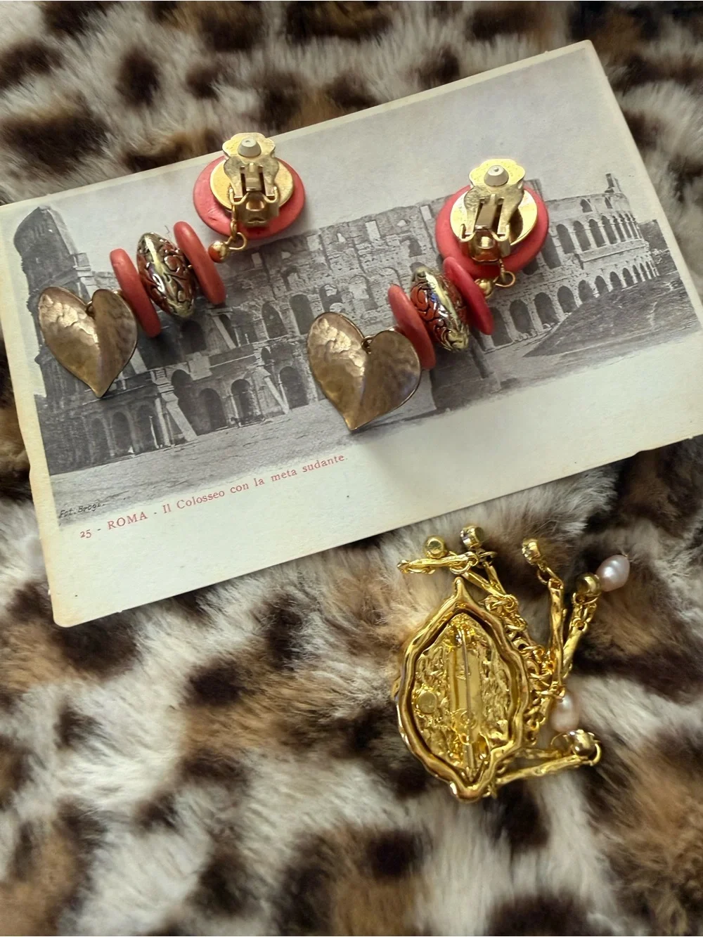 Gold Eye Fringe Brooch and Coral Heart Drop Earrings Set